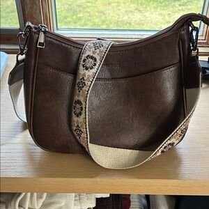 Women's Brown Leather Shoulder Bag with Floral Webbing Strap